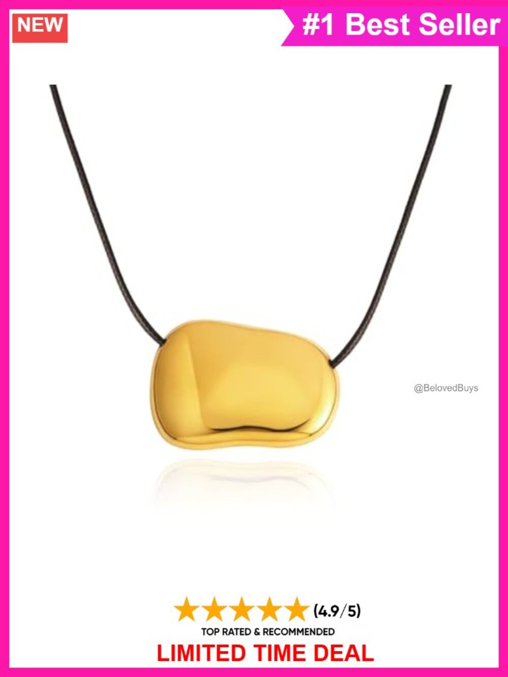 14K Gold Plated Bean Pendant Necklace Black Leather Cord